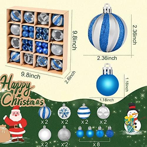 44pcs Silver and Blue Christmas Ball Ornings, Bolas de decoração de árvores de Natal à prova de natal, bolas de Natal variadas para decorar árvores de Natal/Casamento/Festa em Casa/Holiday