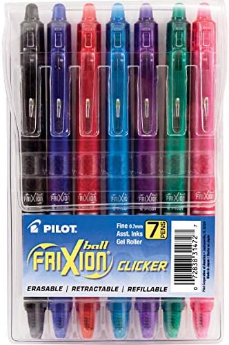Piloto Frixion Clicker apagável, recarregável e retrátil canetas de tinta em gel, ponto fino, tintas de cores variadas, 7 contagem