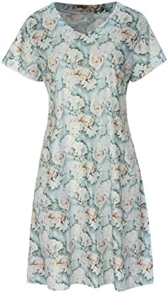 Vestido de camiseta feminina de verão Casual estampa floral V Vestido de manga curta solta Midi