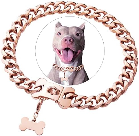 Colar de colarinho para cães para cães pesados ​​de aço inoxidável em ouro rosa, cães pequenos bully americano bulldog cão de cão com fivela de segurança
