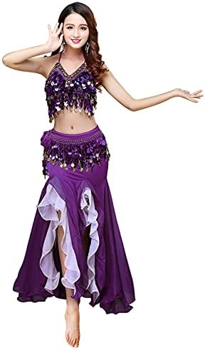 Vestido de dança da barriga feminina de oridoor top top top e chiffon dançando saídas divididas roupas de 3 peças