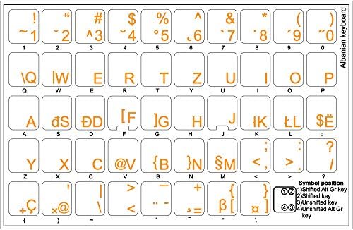 Adesivos de teclado albaneses com um fundo transparente de letras laranja
