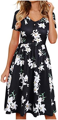 Vestido de verão feminino casual boho floral manga curta botão para baixo v rufle uma linha de vestido de festa midi