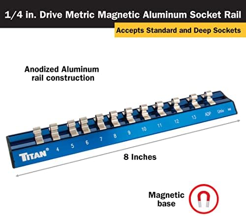 Titan 36098 1/4 de polegada Métrica de alumínio magnético Organizador com marcações de tamanho gravado a laser