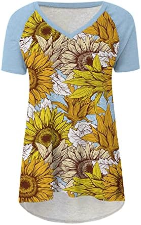 CGGMVCG Tops de moda para mulheres Tops de verão casuais camisas longas de manga curta V Blouse de girassol de pescoço Tshirts gráficos