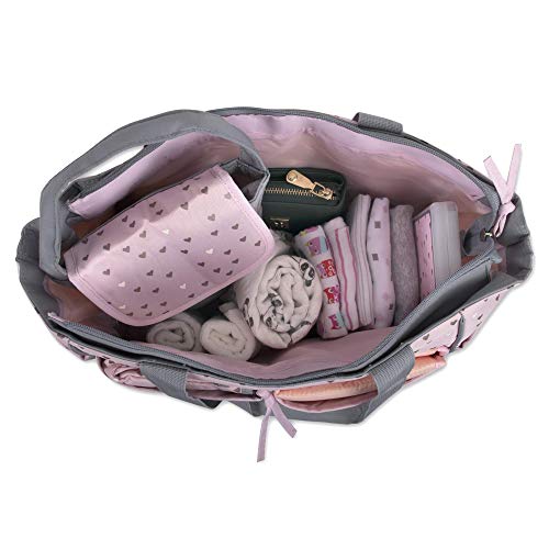 Bolsa de fraldas de bebê Tote de 5 peças com corações rosa, dizendo e almofada de troca portátil de bebê, bolsa de fraldas,