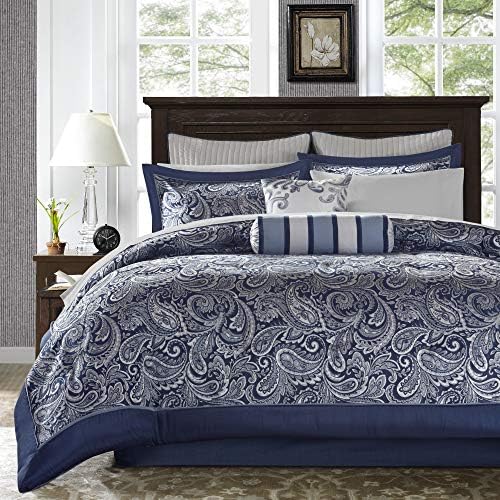 Madison Park Aubrey Conjunto de edredom aconchegante, Faux Silk Jacquard Paisley Design - Durante toda a temporada camada de cama alternativa com camisa de cama, travesseiro decorativo, rainha, marinha 12 peças