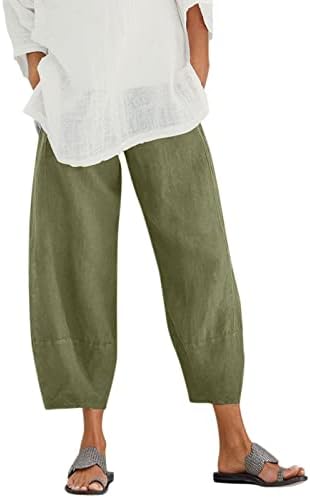 Calças de linho Y2K para mulheres da cintura média Capri Cropped Baggy Yoga Pants Boho Vintage Harem Trouser com bolsos