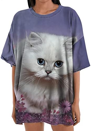Verão feminino fofo gato impresso de tamanho grande tops de manga curta camisetas gráficas casuais esvoaçantes de túnica de túnica