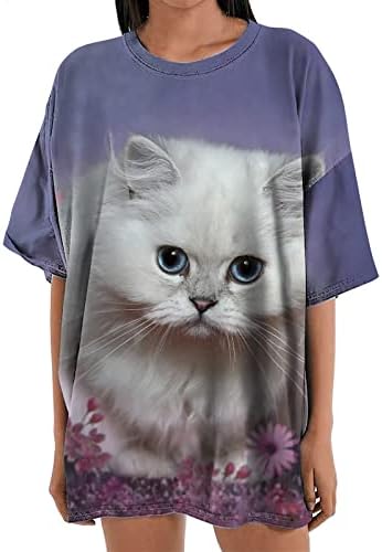 Verão feminino fofo gato impresso de tamanho grande tops de manga curta camisetas gráficas casuais esvoaçantes de túnica de túnica de ajuste solto