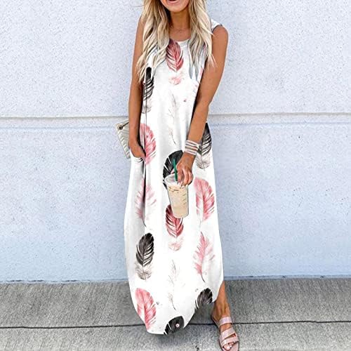 Vestido maxi de verão feminino sem mangas de pescoço redondo casual vestido longo e solto vestido de praia floral com bolsos