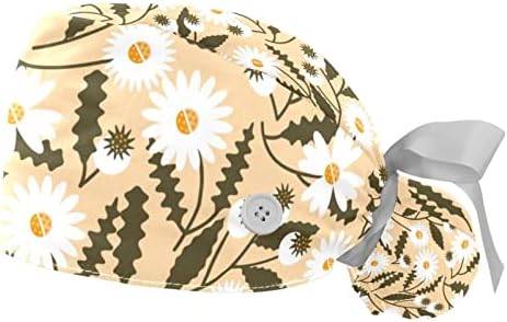 Yidax 2 peças Paisagem Montanhas Flores de trabalho Chapéus com botões Cap bouffant elástico com banda de suor
