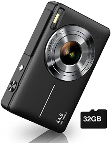 Câmera digital, FHD 1080P Kids Camera 44MP Point e atiram em câmeras digitais com cartão SD de 32 GB, zoom 16x, duas baterias,