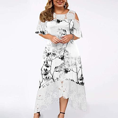 Vestidos midi de tamanho feminino Midi renda de renda na moda fria de ombro frio ombro de mangas curtas Flowy Flowy Floral