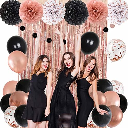 Ansomo Gold Rose e Decorações de festa de feliz aniversário preto para meninas Balões de mulheres Pom Pom Poms FOIL CURNATINE