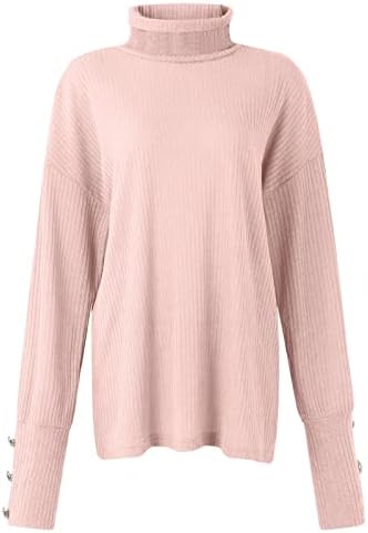 Suéteres de inverno feminino Turtleneck Top Pullover solto botão para cima de manga comprida Camisa de fundo de malha de cor sólida