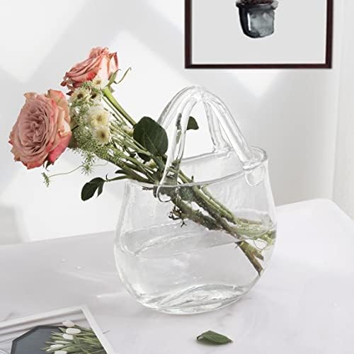 Vaso de bolsa de vidro amado para flores, vaso de bolsa de vidro redondo exclusivo com alça e bolhas, peças centrais vaso de