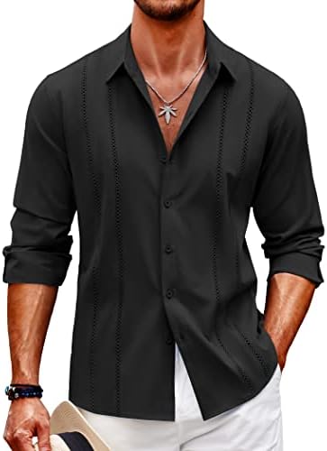 Coofandy masculino cubano guayabera camisa de botão casual camisetas camisetas de manga longa de linho de praia