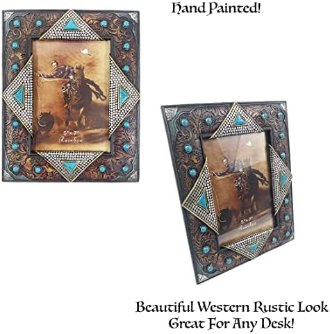 Urbalabs Western Teal Stone Fancamente Floral Rústico Country Cowgirl Decor Picture Frame 5 x 7 Presentes rústicos