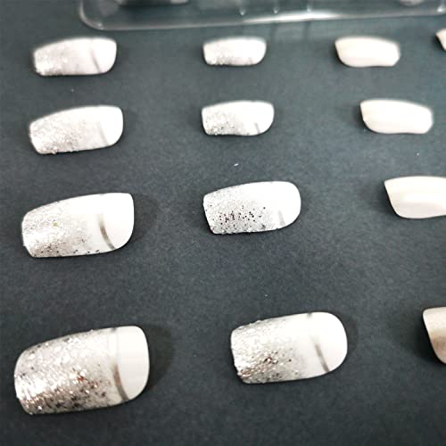 Pressione as unhas quadradas curtas unhas falsas de brilho francês Caixão de prata desenhos de unhas falsas cola