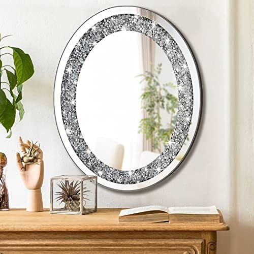 DIDMDFIRST CRISTAL CRITADO DIAMITO OVAL EMPLED -SLIGH BLING Silver Mirror para decoração de parede 16x20x0,9 polegadas Hang Hang