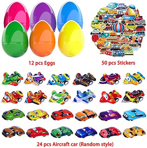 Joicee Easter Eggs pré -cheios de aviões de carros para trás, ovos de Páscoa de Plástico com carros de 24pcs e brinquedos de