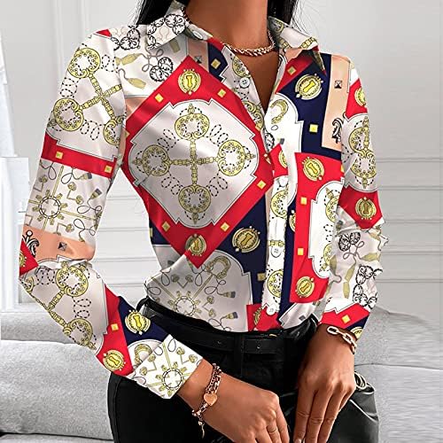 Blusas coloridas de túnica feminina camisetas de botão de botão de manga comprida tampas de tampas de tampas florais de