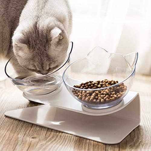 Putybudy Double Cat Bowls Water and Food Dispenser, 15 ° Tigela de comida de gato inclinada, tigelas de animais de estimação de plástico leves Fácil Digestão Pet Feeding Basic Bow