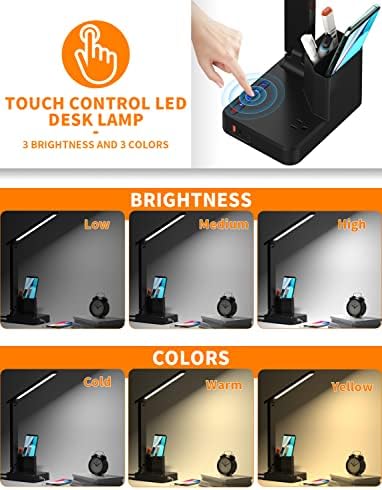 Lâmpada de mesa de LED regulável com suporte/organizador de caneta, lâmpada de mesa de LED de estudo com porta de carregamento USB/porta tipo C/lojas/caixa de armazenamento/toque, garotas de leitura da mesa de leitura para estudantes, dormitório essencial para a faculdade