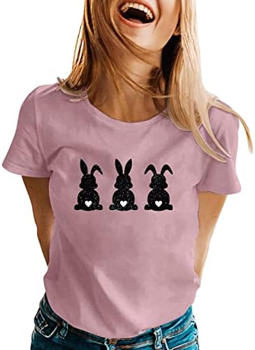 Camisetas de manga curta da Páscoa para mulheres camisetas de tee de pescoço de coelho