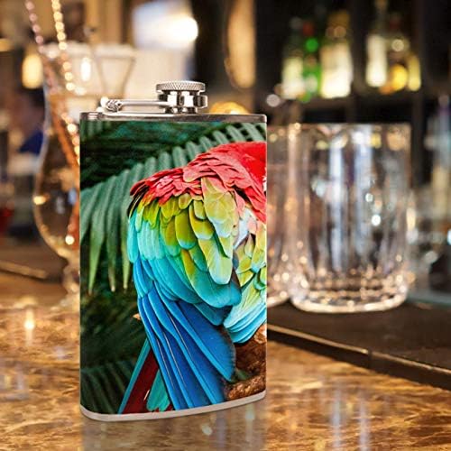 Balão de quadril para bebidas inoxidáveis ​​à prova de vazamento de aço inoxidável com funil 7,7 oz de couro, ótima ideia para presente de frasco - Macaw Bird Colorful Bird