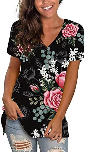 Senhoras de manga curta 2023 algodão Floral Graphic Casual Camisa Summer Fall Deep V Neck Camise para meninas adolescentes