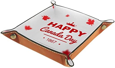 Bandeja de manobrista de couro, bandeja de dados suporte quadrado dobrável, placa organizadora de cômoda para trocar a chave da moeda, folhas vermelhas outono feliz no Canadá Dia do Canadá