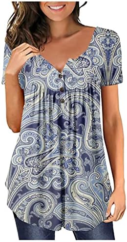 Tops casuais impressos para mulheres botão abaixar as blusas redondas de pescoço de verão Camisetas de brilho soltas de manga