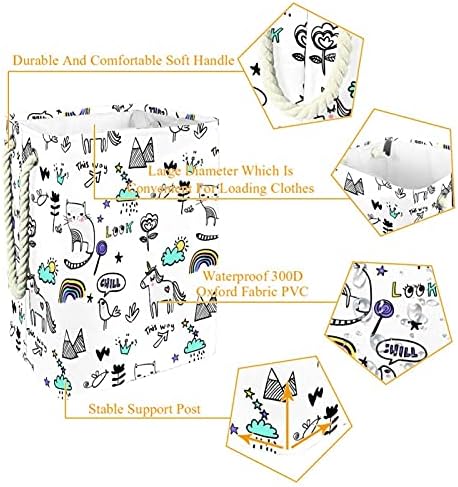 De contorno preto desenhado à mão gato e unicórnio grande cesto de roupa com alça de transporte fácil, cesto de lavanderia dobrável