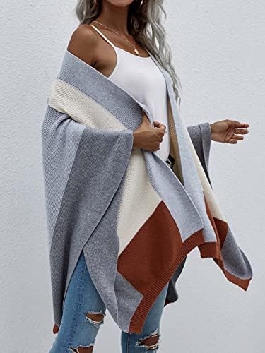 Poncho de xale feminino Poncho Cape Casual Color Block Open Front Soft Cardigan de malha aconchegante para o inverno da primavera no outono