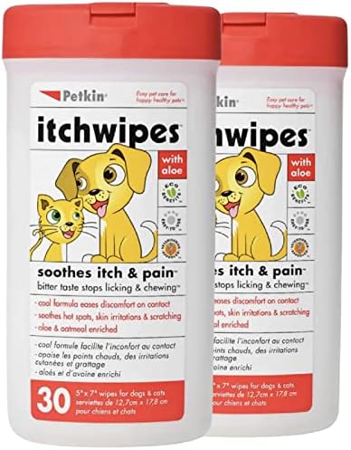 Petkin Antich lenços para cães e gatos, 60 toalhetes, 2 pacote - acalma pontos quentes, irritações da pele e arranhões