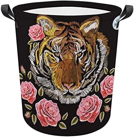 Bordado Bordado Tigre Rosa Flor Grande Lavanderia Raio Cesto de Cesto de Casquete Coloque Voovável Bin Saco de Roupa de Roupa Com