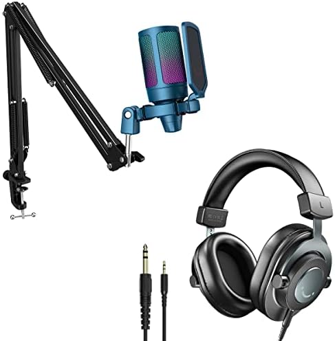 Microfone de computador de condensador RGB Fifine 3,5 mm/6,35 mm Monitorando fones de ouvido, microfone de podcast