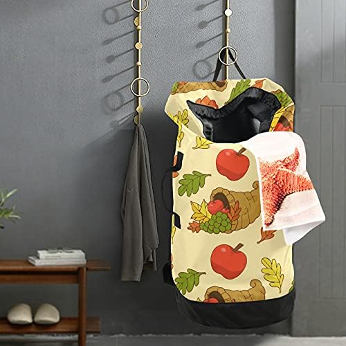 Fall Ação de Graças Autumn Laundry Bolsa de lavanderia pesada Mochila com alças de ombro Handles Travel Saco de lavanderia Fechamento de batedeira Dirty Clothes Organizador para dormitório da faculdade, apartamento, viagem de acampamento