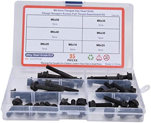 Fafeicy 35pcs parafusos de flange, kit de variedade de parafuso, parafuso M6x50, M6x16, M6x20, M6x25, M6x30, M6x35, M6x40, para