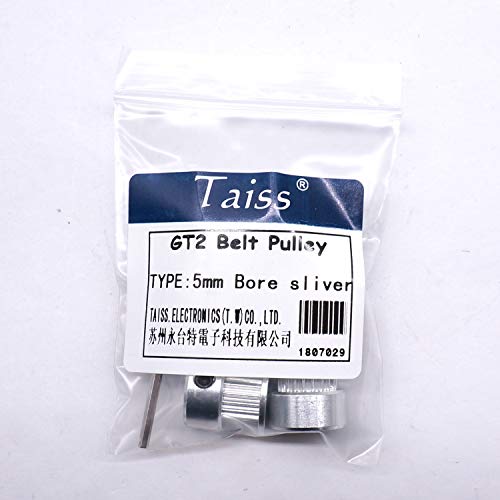 TAISS 5pcs prata 5mm Bore 20 dentes Polia de cinto GT2 para impressora 3D 6mm largura 20t Correia de alumínio Polia de cinto de alumínio