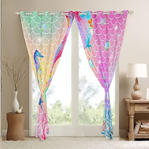 Cortinas de sereia feminina erosébrida para crianças crianças, cortinas de blecaute de conto de sereia azul rosa 52x96, cortinas