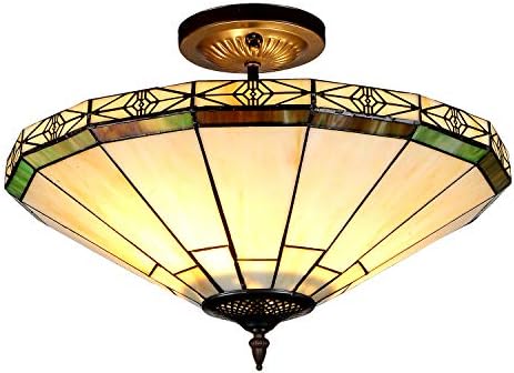 Capulina Tiffany Teto Luz 2 Luz 16 polegadas Creme largo Estilo de vitral de vitrais semi descarga Lâmpada de teto para sala de jantar