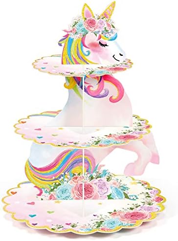 3 Tier Unicorn Cupcake Stand Decorações de festas Rainbow Unicorn Annicorn Birthday Cupcake titular UNICORN TEMASTE TORREST TOWER PARA CRIANÇAS FAMÍLIA DE CELEBRO DO BEBIDO DO BEBÊ PARTEM