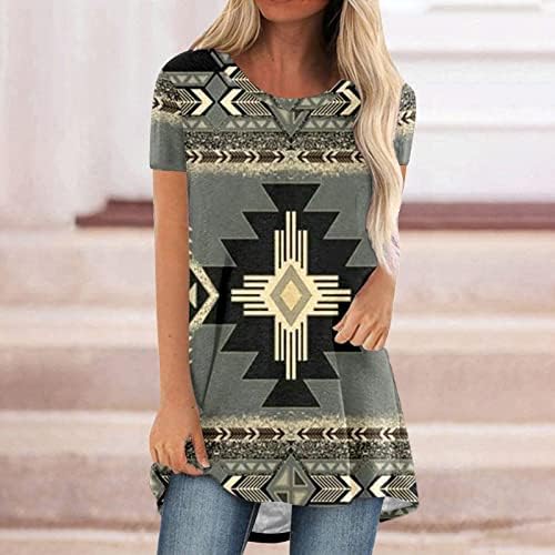 CGGMVCG Womens Tops de verão Western Western Casual Retro Aztec Impressão longa Pescoço redondo Longo Camiseta de manga curta para