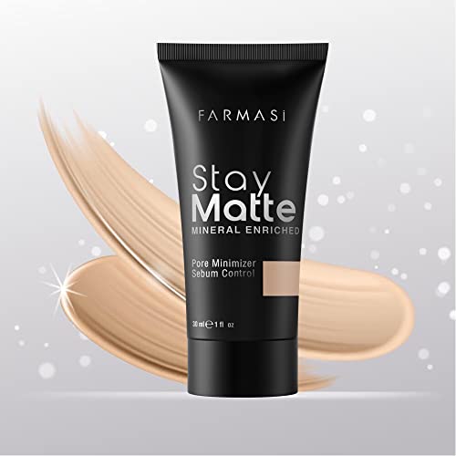 Farmasi Stay Foundation Matte, Matte Finish Foundation para uma aparência naturalmente sem falhas, semear, sem óleo