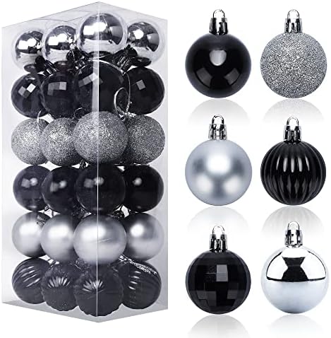 Bolas de Natal de 36ct de 36ct Ornamentos de Natal preto e prata Decorações de árvore de árvore de Natal Pingentes de árvore de árvore pendurada Decorações de férias de Halloween de Natal e Widgets de festa Decoração 1.6 /4cm