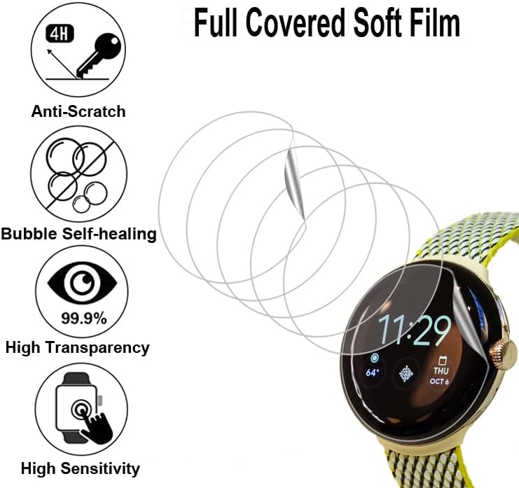Protetor de tela macia SMAATE Compatível com o Google Pixel Watch 2022 LTE ou Wi-Fi, Round, 6-Pack, Bubble Auto-Healing