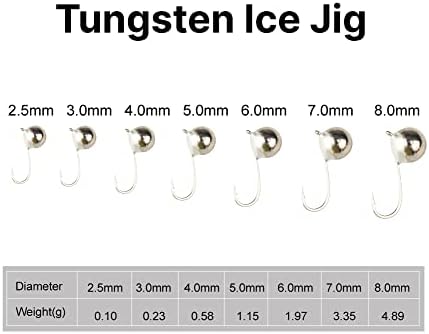 Muunn 10 pacote de 10 pacote de tungsten redondo gabaritos de gelo, 2,5/3/4/5/6/7/8mm de gabinete de pesca de gelo de